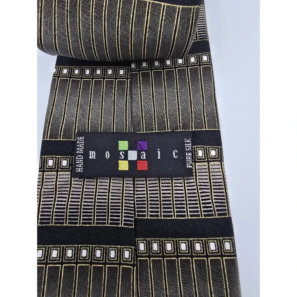 Vtg Mosaic Geometric Silk Tie BlackGold ArtDeco Architectural Retro 90s Handmade